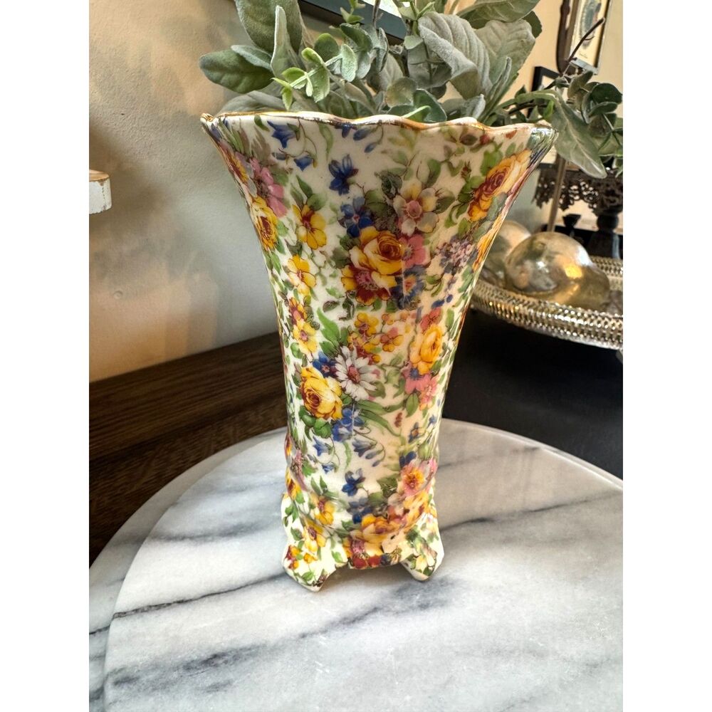 Vintage EPIAG Czechoslovakia Stratford Floral Chintz Footed Vase 6" Cottagecore
